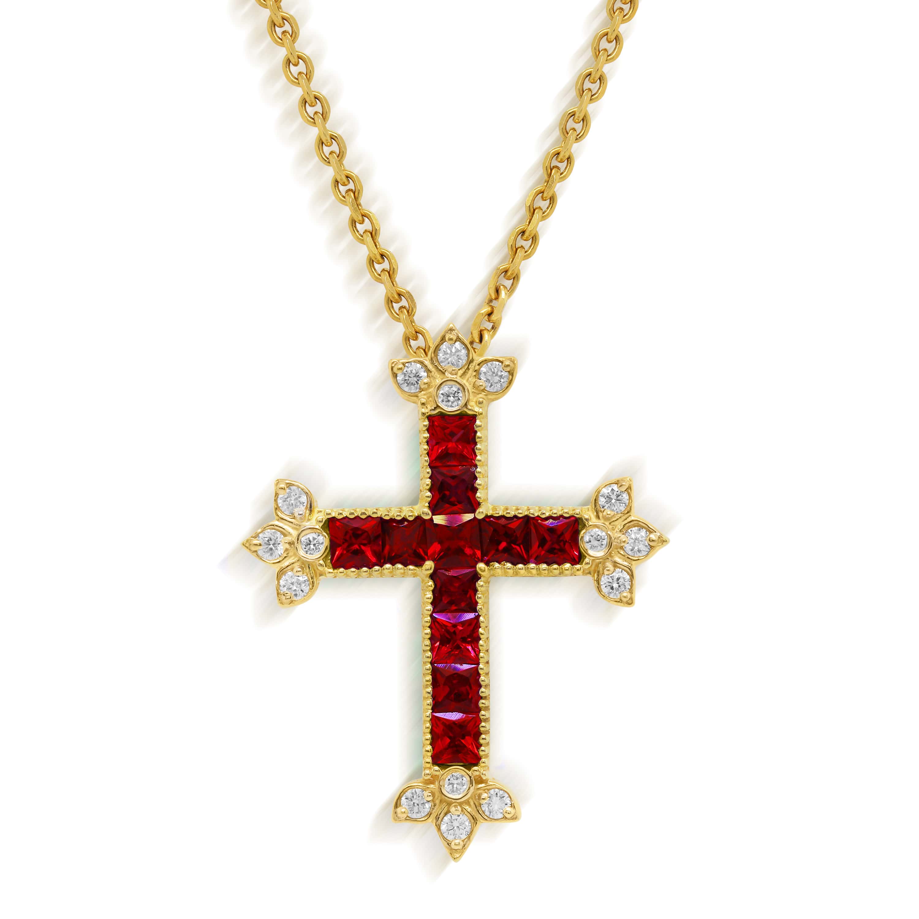 Stambolian 18K Gold Armenian Cross Pendant with Ruby and Diamond Fleur-de-Lis on Chain