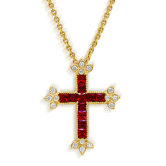 Stambolian 18K Gold Armenian Cross Pendant with Ruby and Diamond Fleur-de-Lis on Chain