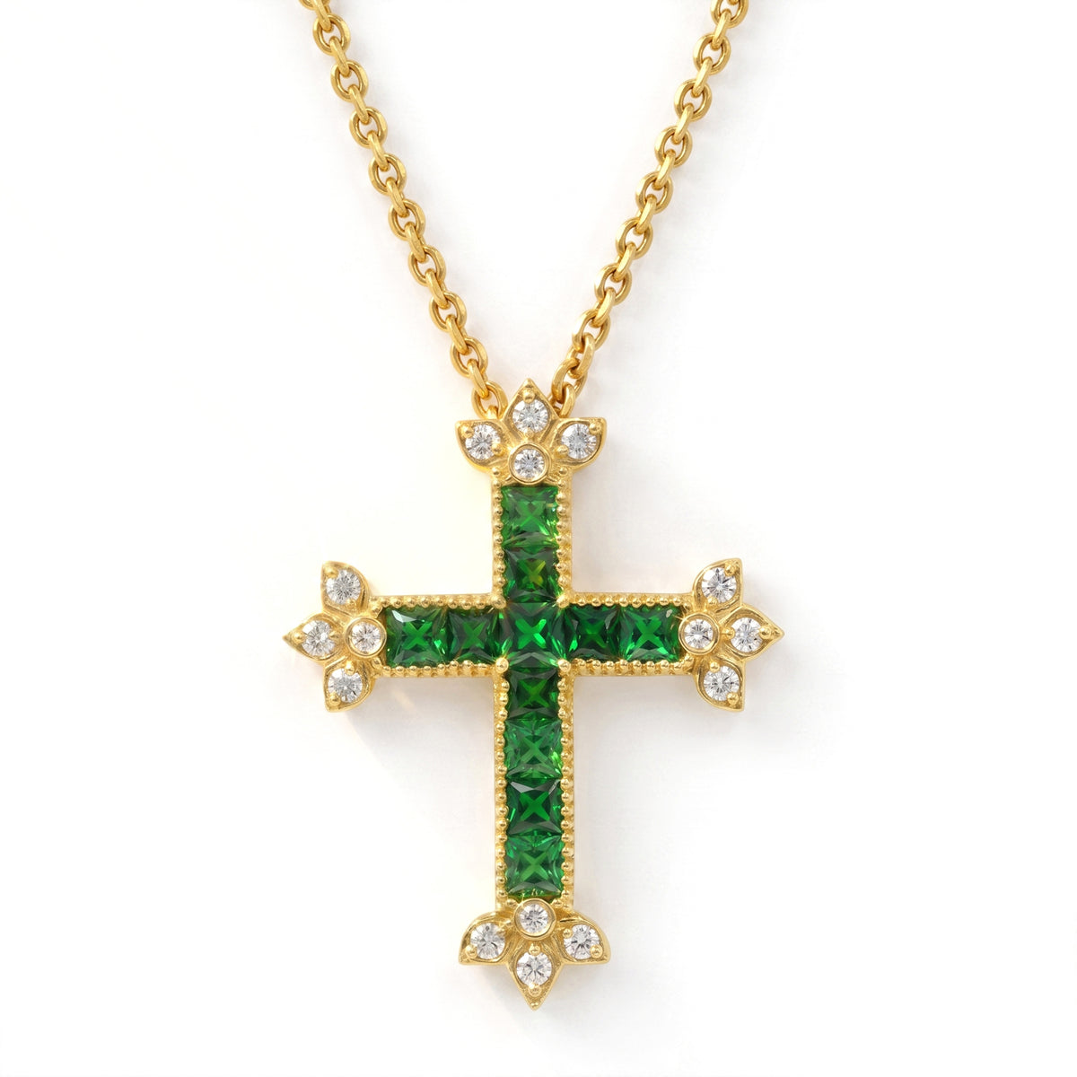 Princess-cut tsavorite garnet and diamond cross pendant in 18K yellow gold, shown with its chain