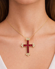 Stambolian 18K Gold Armenian Cross Pendant with Ruby and Diamond Fleur-de-Lis on Chain