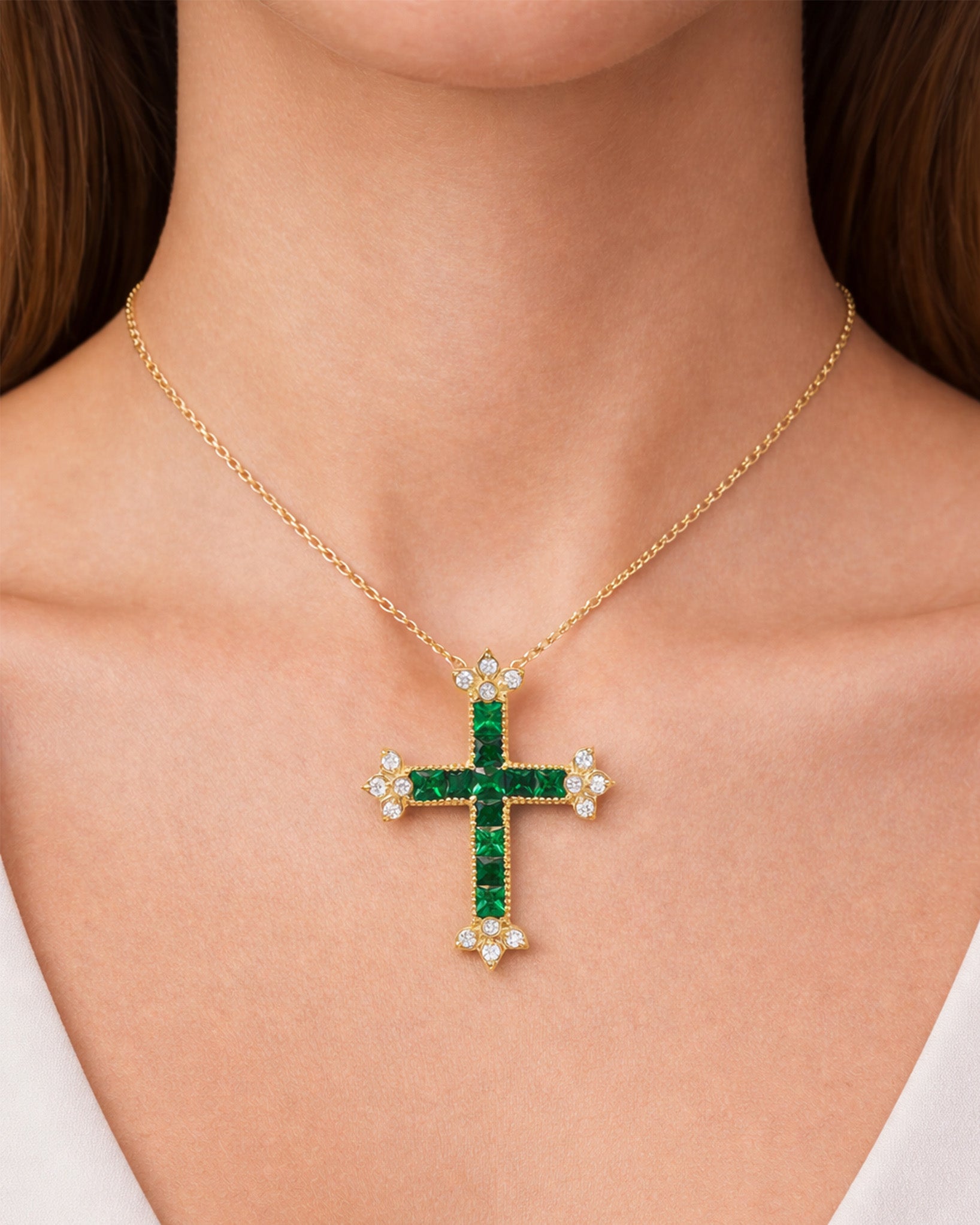 Stambolian 18K Gold Armenian Cross Pendant with Green Tsavorite Garnets and Diamonds