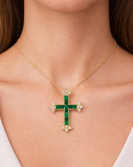Stambolian 18K Gold Armenian Cross Pendant with Green Tsavorite Garnets and Diamonds