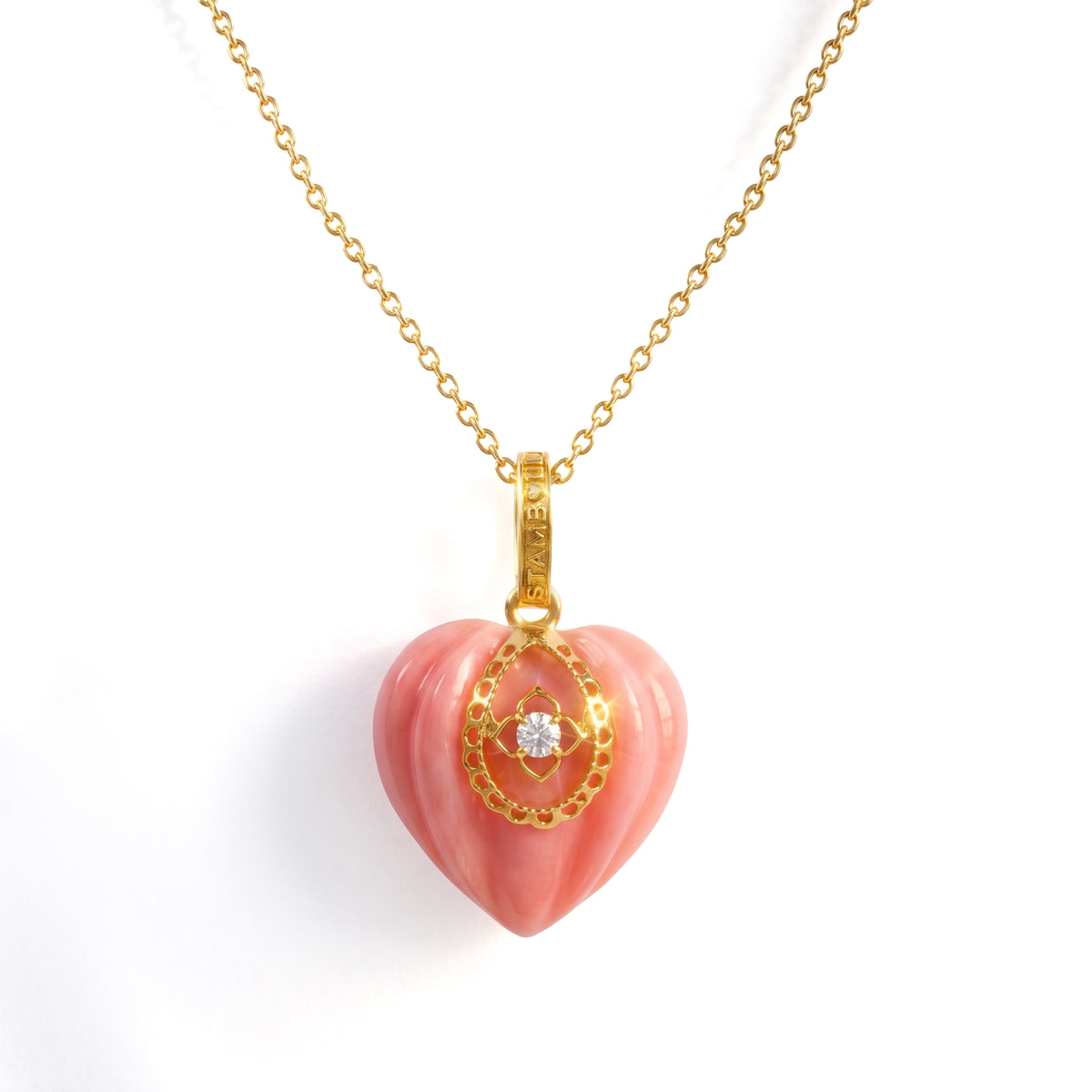 Small Candy pink Peruvian opal heart pendant in 18K gold with a diamond, front view on chain