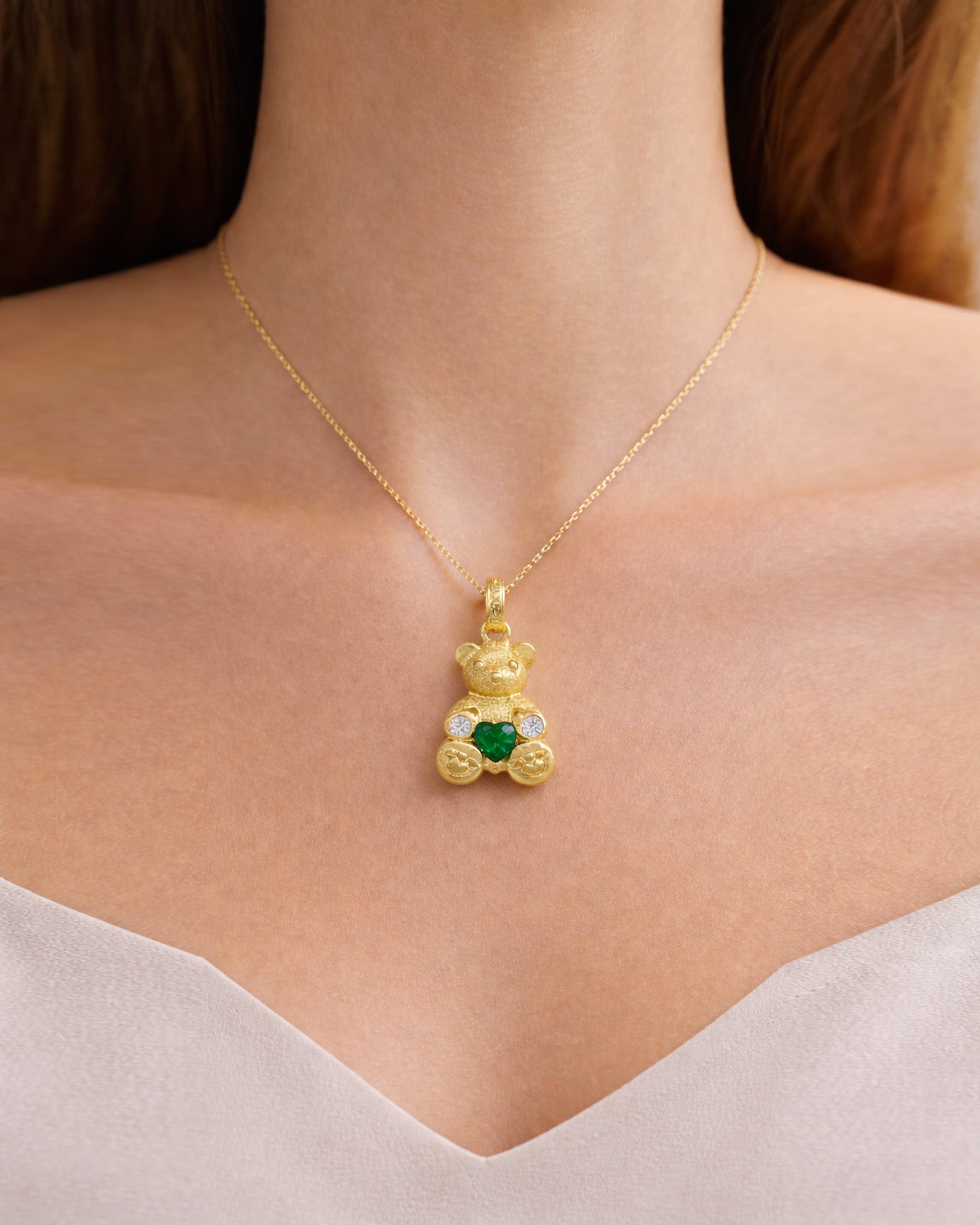 Stambolian 18K Gold Teddy Bear Pendant with Heart-Shaped Emerald and Diamond Accents Front View