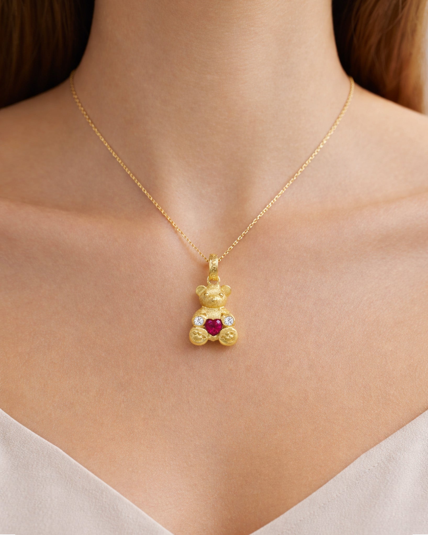 Stambolian 18K Gold Teddy Bear Pendant with Heart-Shaped Ruby and Diamond Accents Front View
