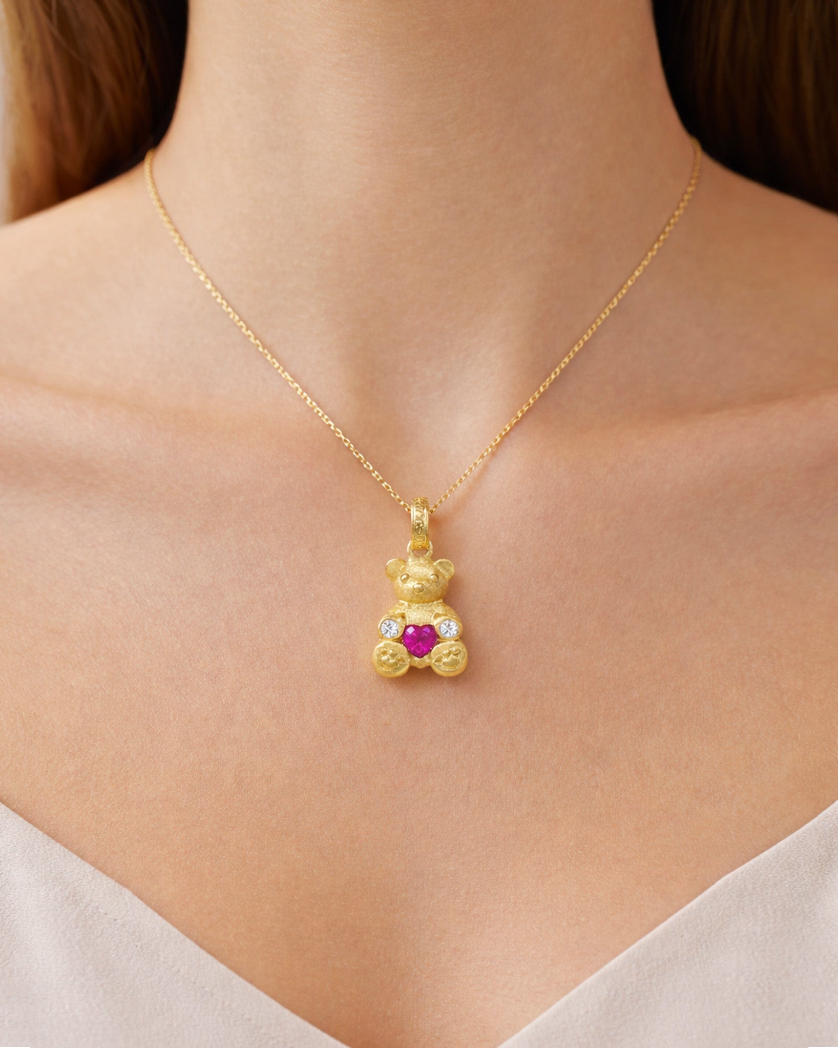 Stambolian Small 18K Gold Teddy Bear Pendant with Pink Sapphire Heart on Chain