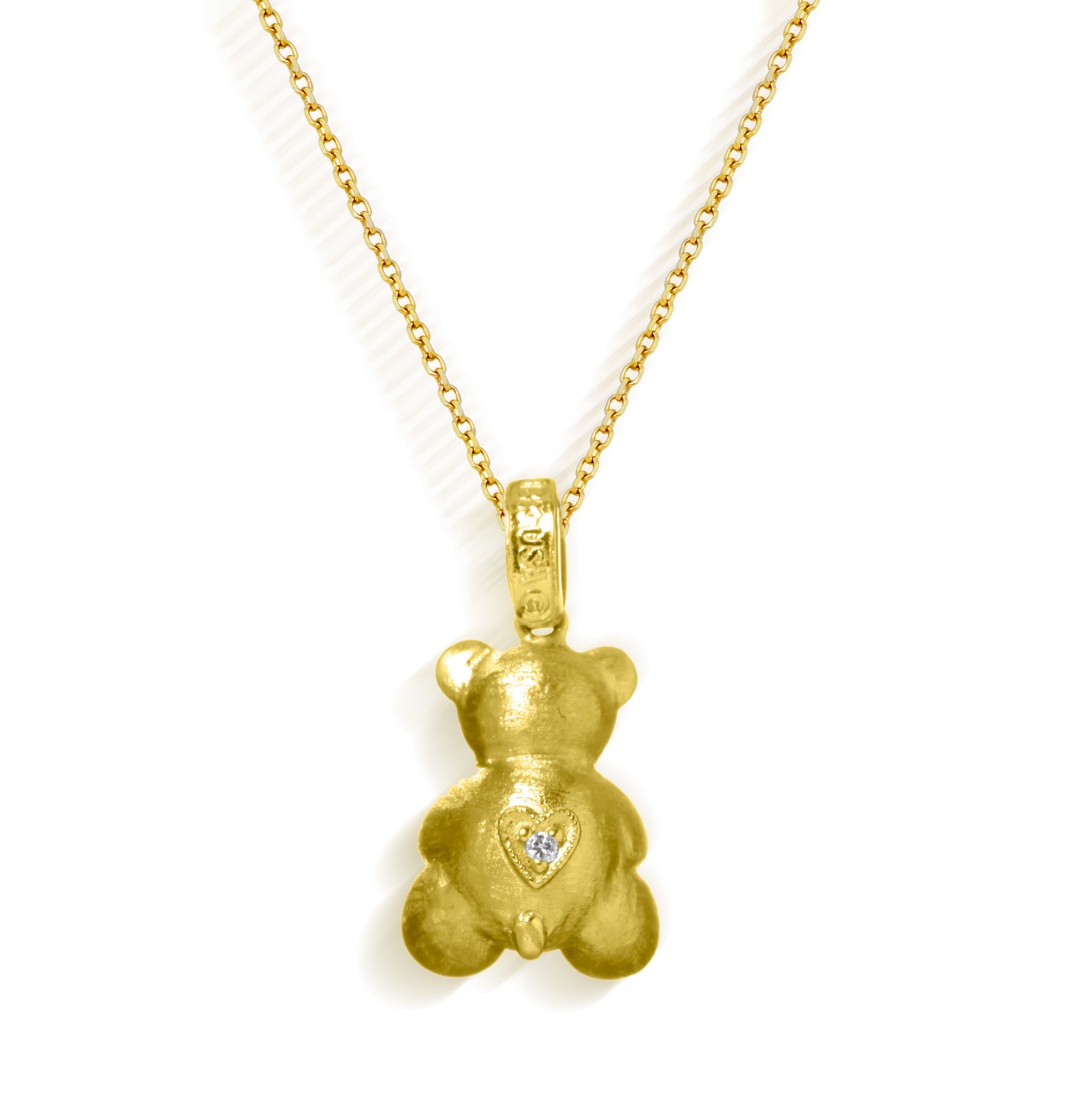 Stambolian Small 18K Gold Teddy Bear Pendant with Pink Sapphire Heart on Chain