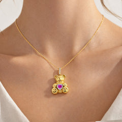 Stambolian 18K Gold Teddy Bear Pendant with Heart-Shaped Pink Sapphire and Diamond Halo