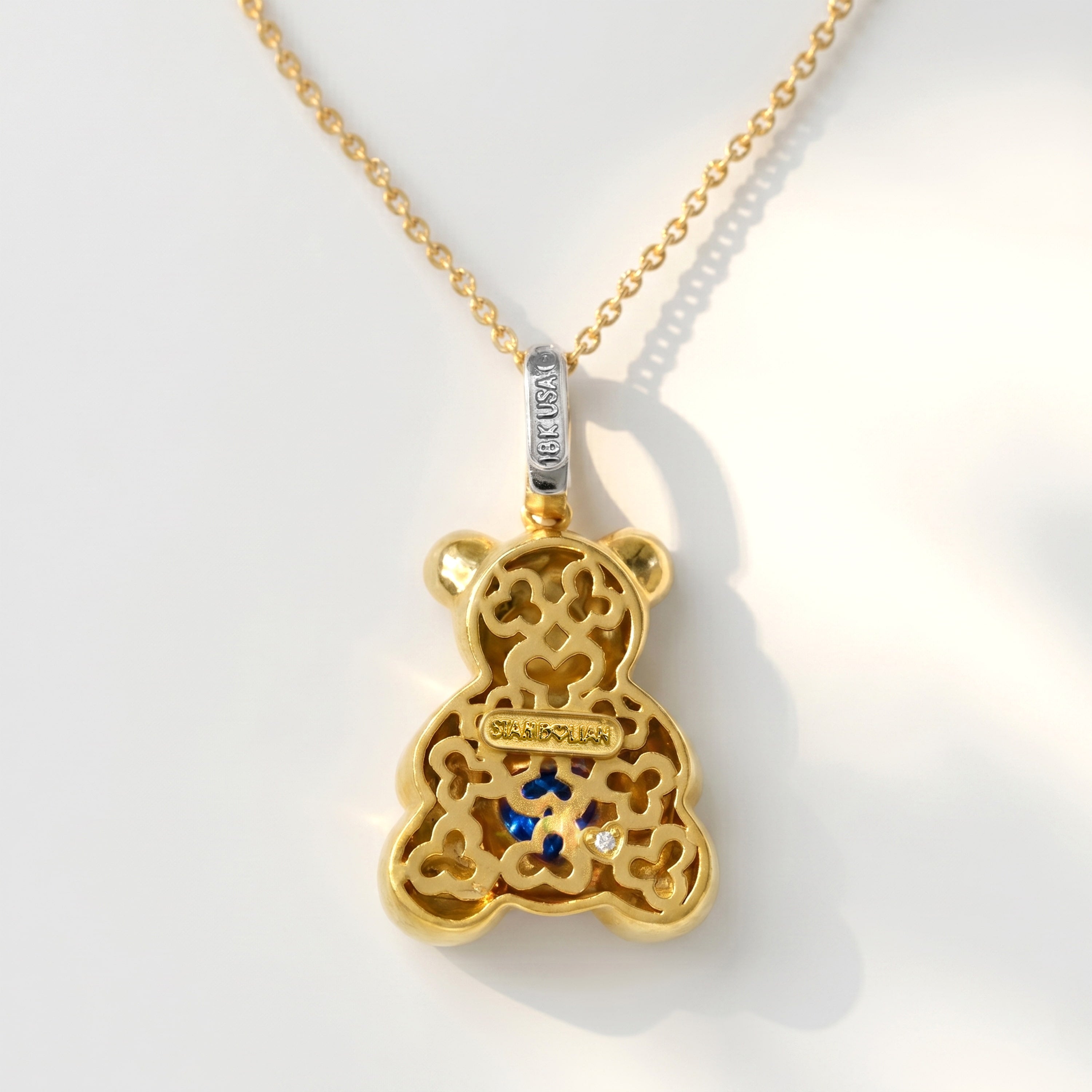 18K Gold Blue Sapphire Diamond Teddy Bear Pendant | Stambolian