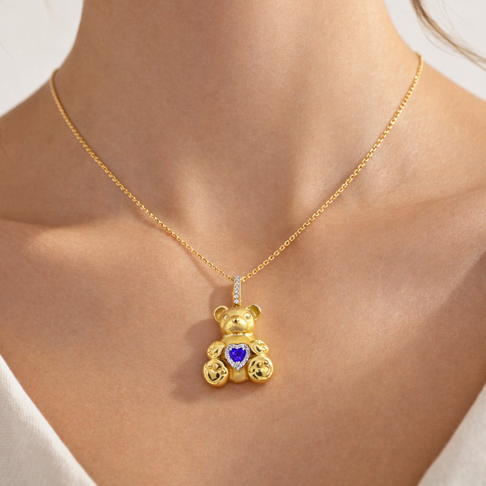 18K Gold Blue Sapphire Diamond Teddy Bear Pendant | Stambolian