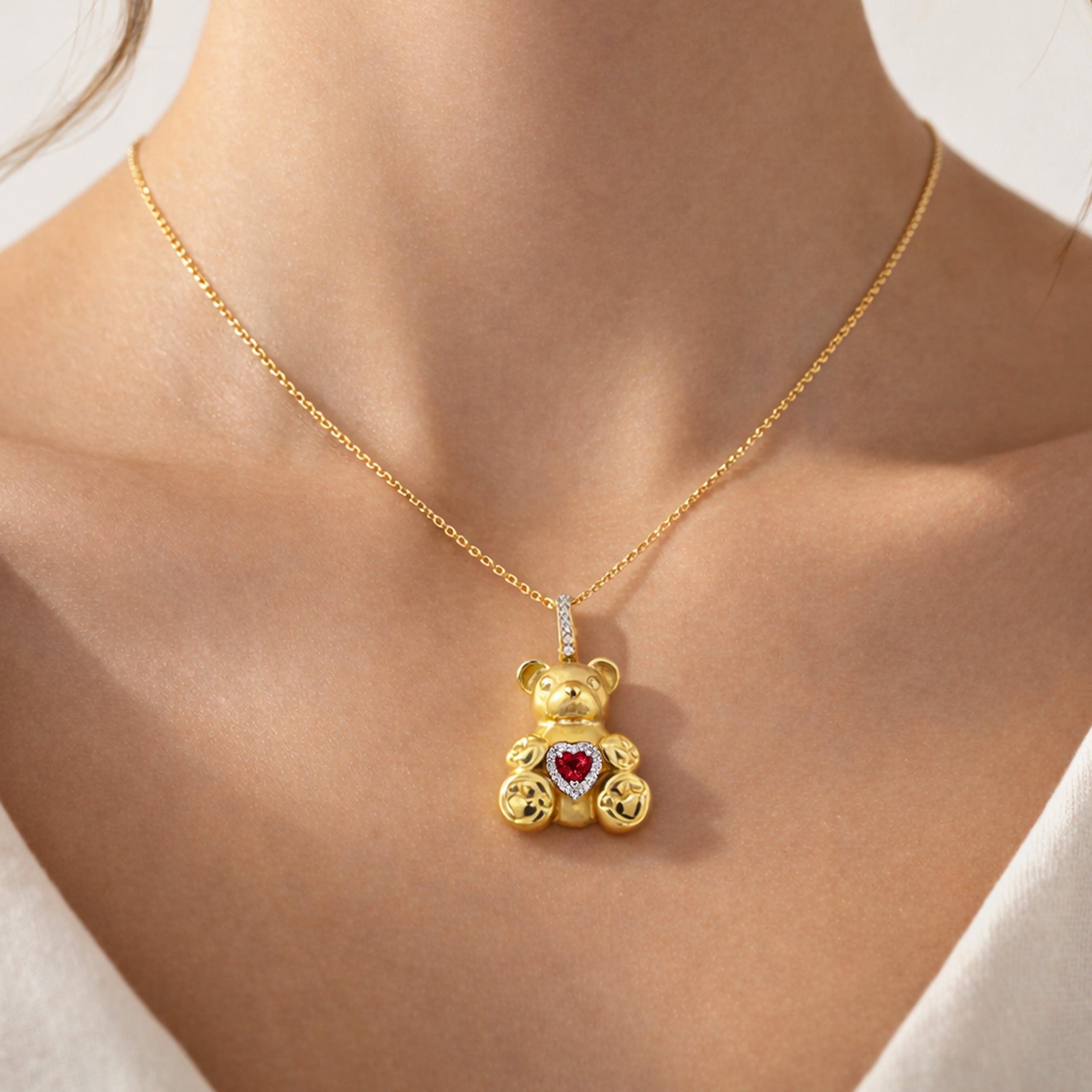 Stambolian 18K Gold Large Teddy Bear Pendant with Ruby Heart and Diamond Halo Front View
