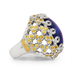 CABOCHON TANZANITE YELLOW SAPPHIRE DIAMONDS DOME RING