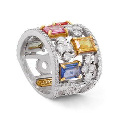 MULTI-COLOR SAPPHIRES 18K WHITE GOLD DIAMONDS WIDE BAND RING