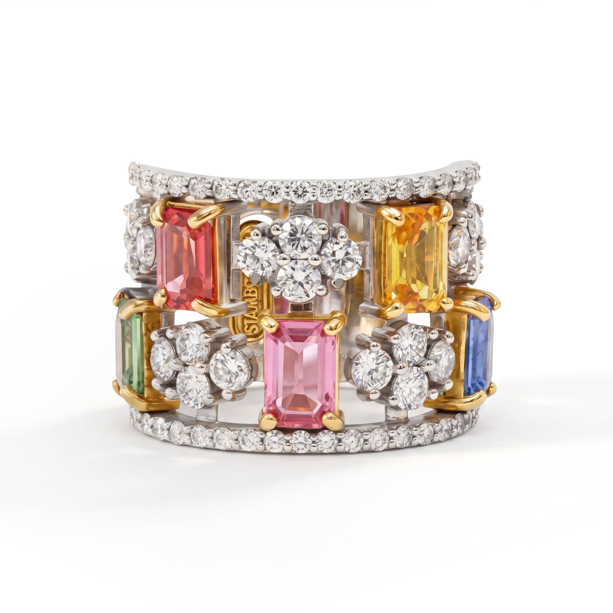 18K gold wide band ring with multi-color emerald-cut sapphires and diamonds, front view