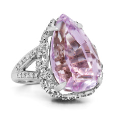 PEAR SHAPE KUNZITE AND DIAMONDS 18K WHITE GOLD RING