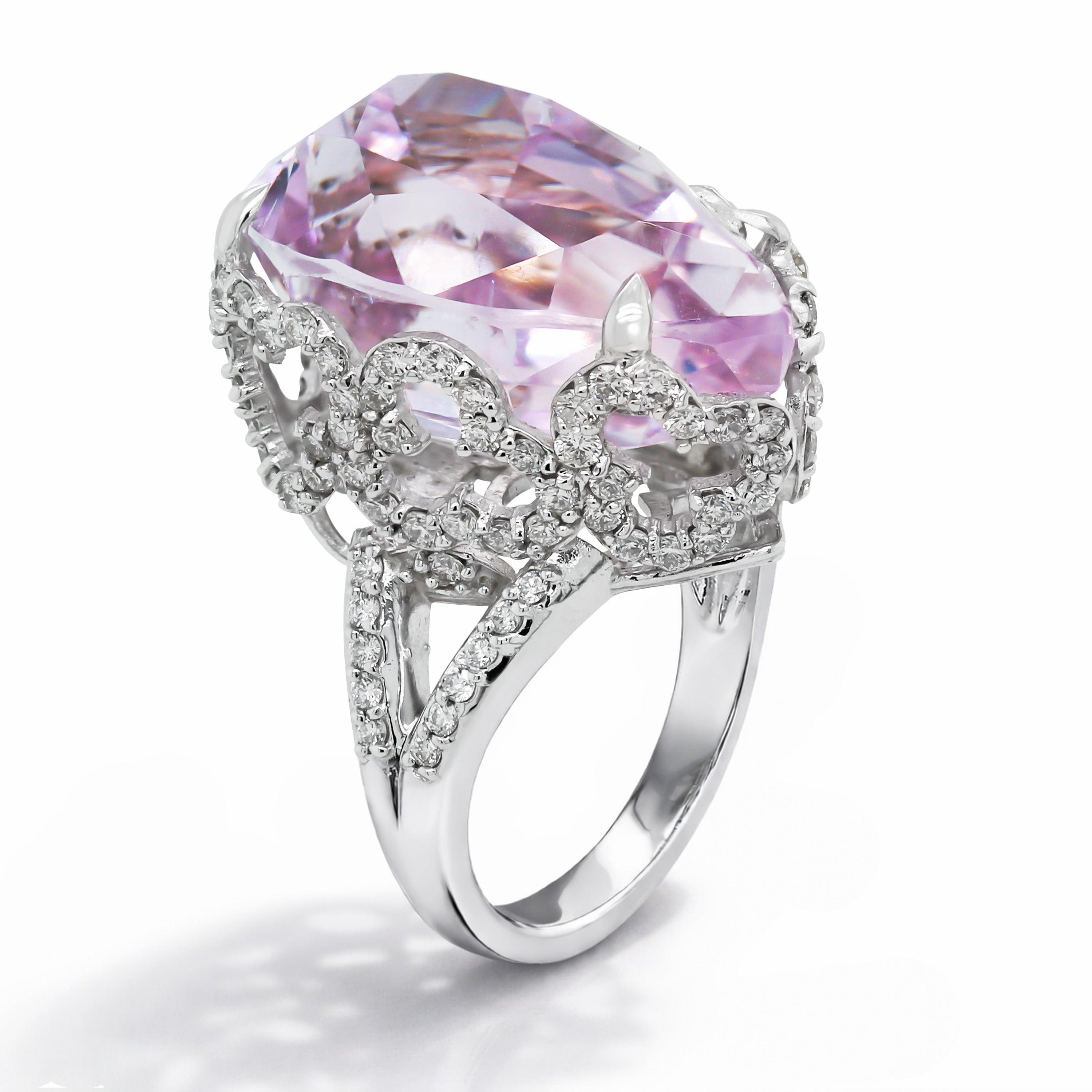 Stambolian 18K White Gold Pear-Cut Kunzite and Diamond Ring Front View