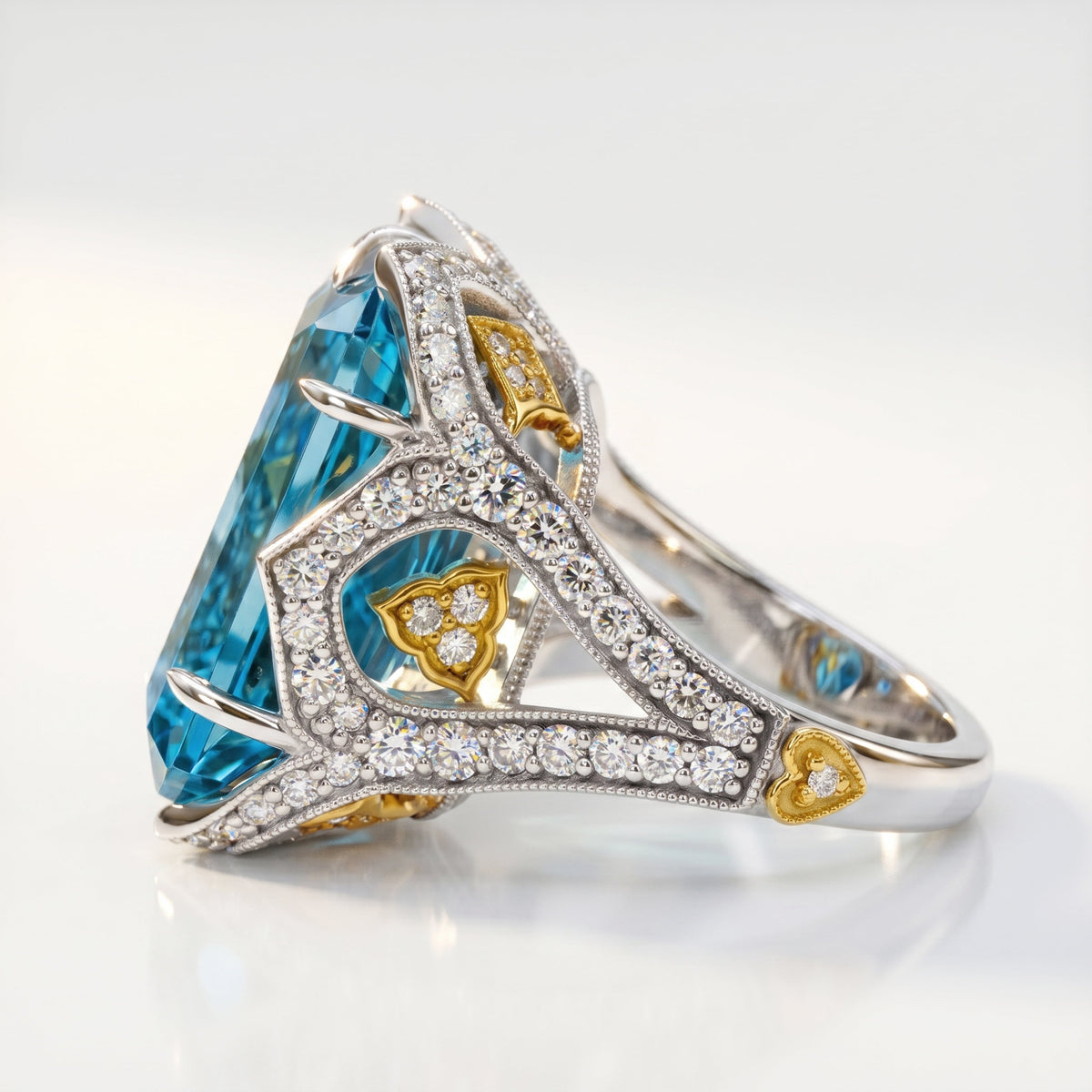 Aquamarine and diamond ring in 18K two-tone gold, side view of the diamond-set shoulders and gold hearts