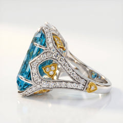 18K Two Tone Gold Aquamarine Diamond Ring
