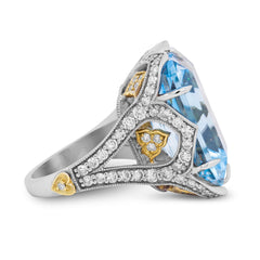 AQUAMARINE AND DIAMONDS 18K TWO TONE GOLD RING