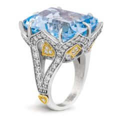 AQUAMARINE AND DIAMONDS 18K TWO TONE GOLD RING