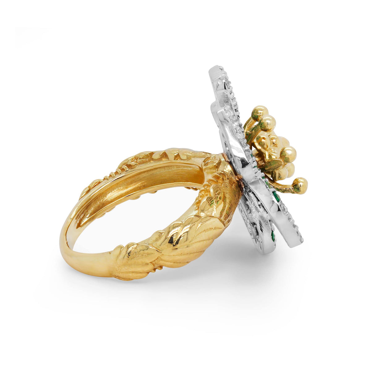 "Enchanted Garden" 18K gold tsavorite flower ring, side view showing the leaf-textured shank