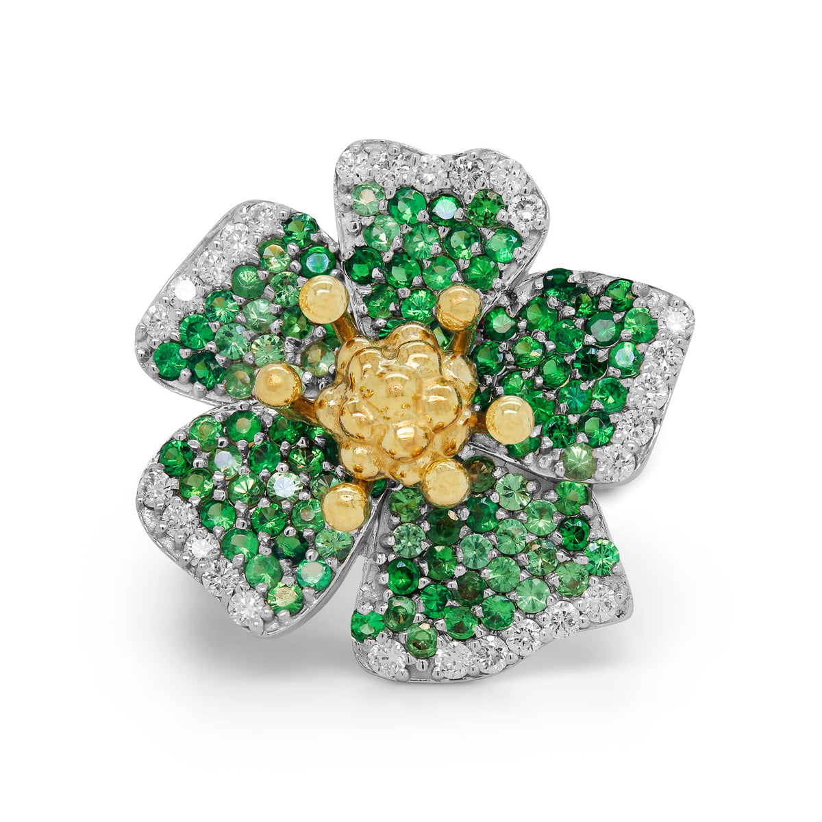 "Enchanted Garden" 18K gold flower ring with shaded tsavorites and diamond petals, top-down view