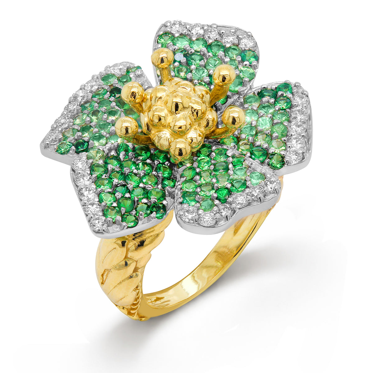 "Enchanted Garden" 18K gold flower ring with shaded tsavorites and diamonds, angled view