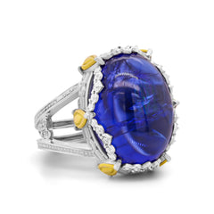 18K TWO-TONE GOLD DIAMOND RING WITH CABOCHON TANZANITE CENTER