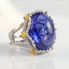 18K Two Tone Gold Diamond Cabochon Tanzanite Ring
