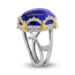 18K TWO-TONE GOLD DIAMOND RING WITH CABOCHON TANZANITE CENTER
