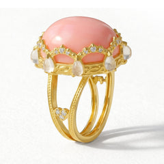 Stambolian Happiness 18K Gold Ring with Pink Peruvian Opal Crown Setting and Moonstones