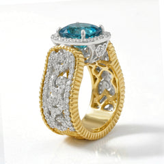 Stambolian Blue Zircon Ring Profile Showing Two Tone Gold Setting and Diamond Frame