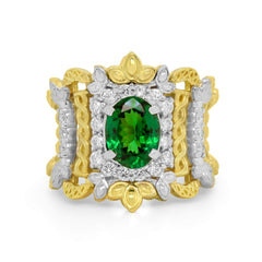 SMILE WIDE 18K TWO TONE GOLD DIAMONDS TSAVORITE RING