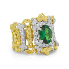 SMILE WIDE 18K TWO TONE GOLD DIAMONDS TSAVORITE RING