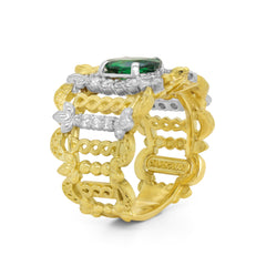 SMILE WIDE 18K TWO TONE GOLD DIAMONDS TSAVORITE RING
