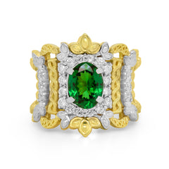 SMILE WIDE 18K TWO TONE GOLD DIAMONDS TSAVORITE RING