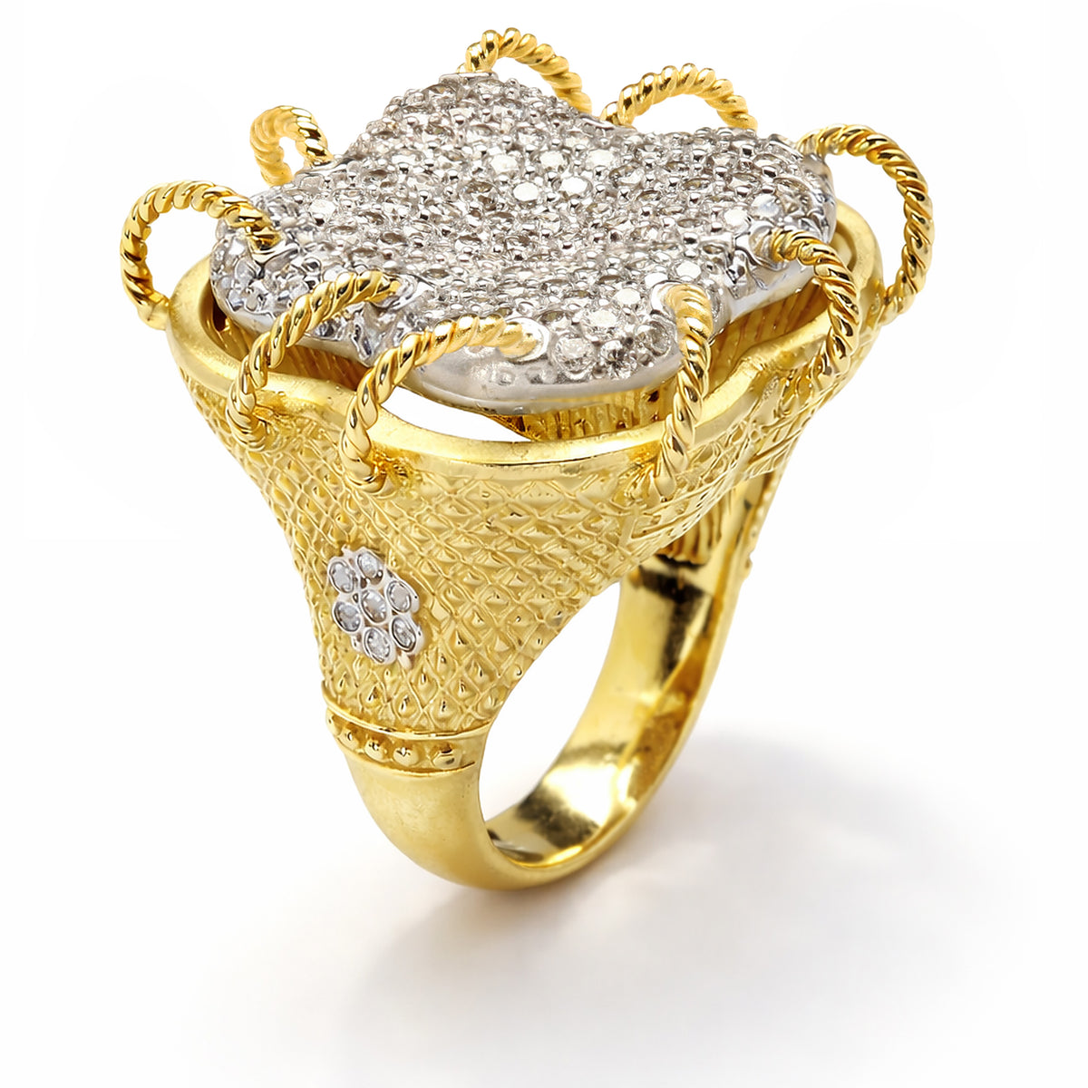 Karizma 18K two tone gold diamond pavé ring with hand twisted wire, angled view