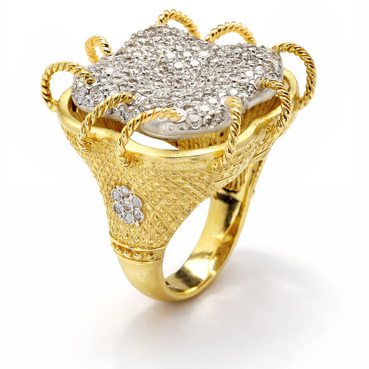 Karizma 18K two tone gold diamond pavé ring with hand twisted wire, angled view