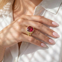 Stambolian 18K Gold Ring with 13.10ct Cushion-Cut Rubellite and Diamond Halo Profile View