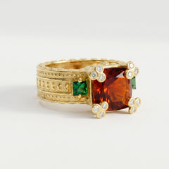 Happiness Red Garnet and Tsavorite Heart Engraved Ring