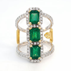 Colombian Emerald Triple Rail Diamond Wide Ring