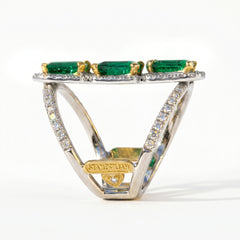 Colombian Emerald Triple Rail Diamond Wide Ring