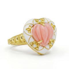 Candy Heart 18K Gold Pink Opal White Enamel Ring