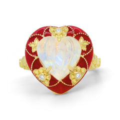 CANDY HEART RAINBOW MOONSTONE RED ENAMEL RING