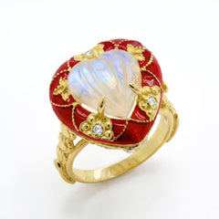 Candy Heart 18K Gold Rainbow Moonstone Red Enamel Ring