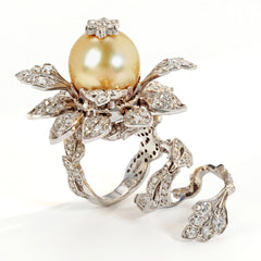 Yellow South Sea Pearl Diamond Floral Tremble Ring