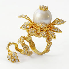 South Sea Pearl Diamond Floral Tremble Ring