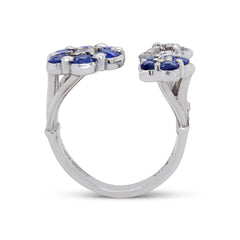 THREE CLUSTER 18K WHITE GOLD BLUE SAPPHIRES AND DIAMONDS RING