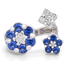 THREE CLUSTER 18K WHITE GOLD BLUE SAPPHIRES AND DIAMONDS RING