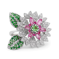 BLOOMING ORCHID PINK SAPPHIRE TSAVORITES DIAMONDS FLORAL RING